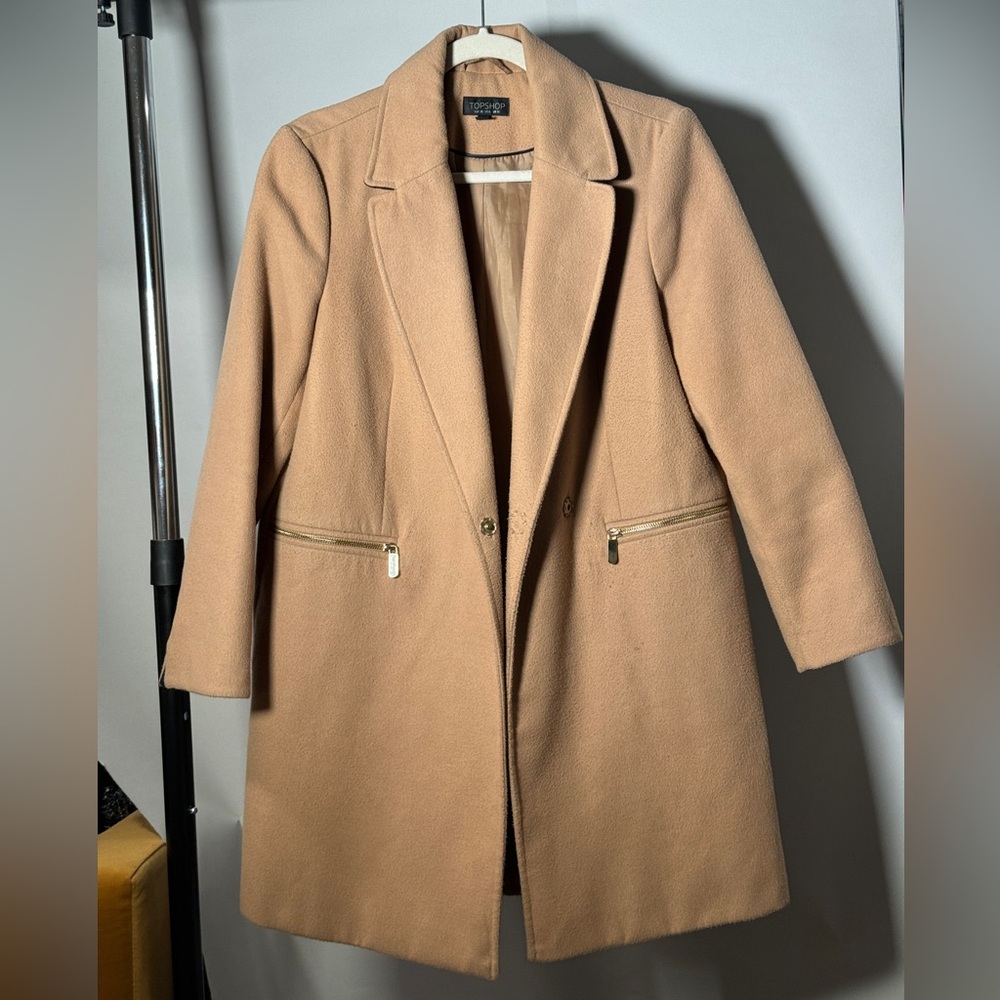 TOPSHOP Camel Pea Coat, Size 6